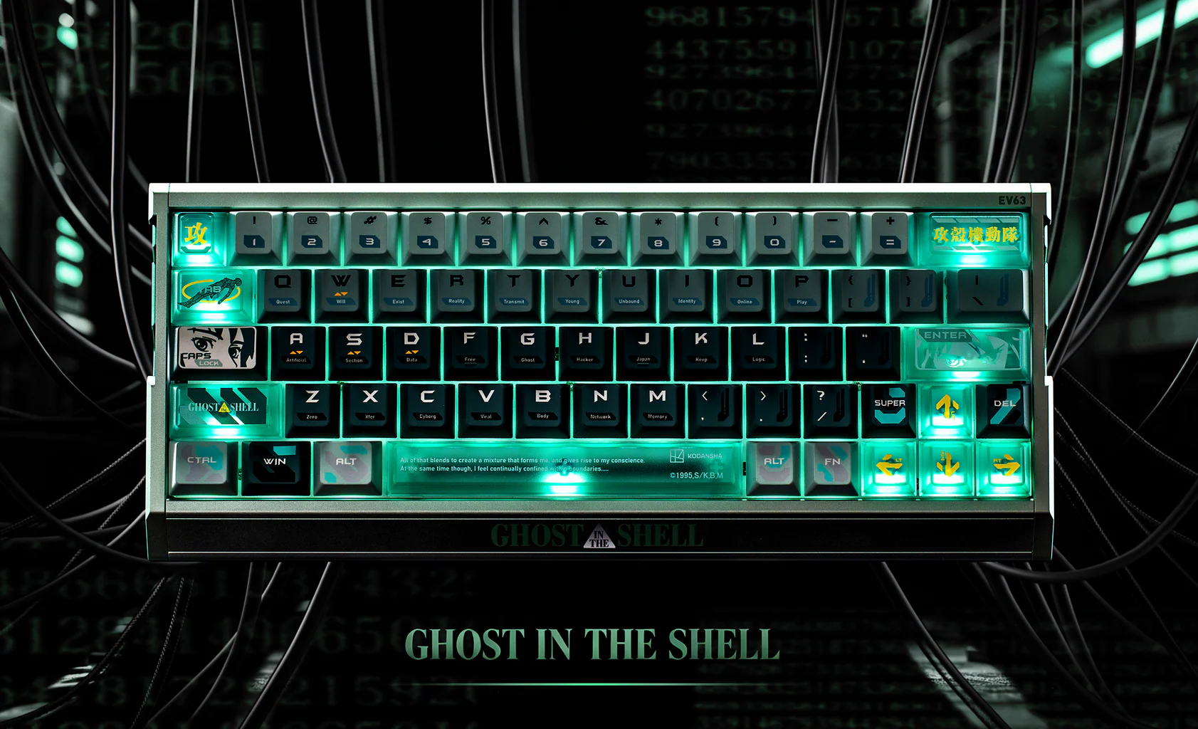 Le clavier EV63 Ghost in the Shell avec des touches personnalisées et un rétroéclairage vert vif.