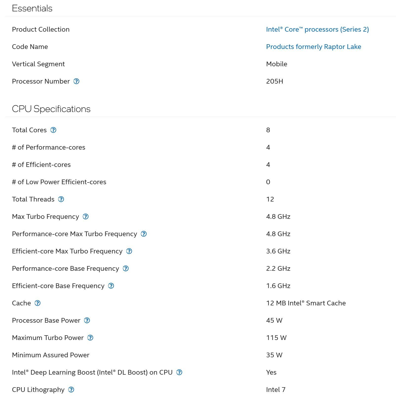 Capture d'écran des spécifications du processeur Intel Core (Série 2) modèle 205H, avec 8 coeurs, 12 threads et une fréquence turbo max de 4,8 GHz.