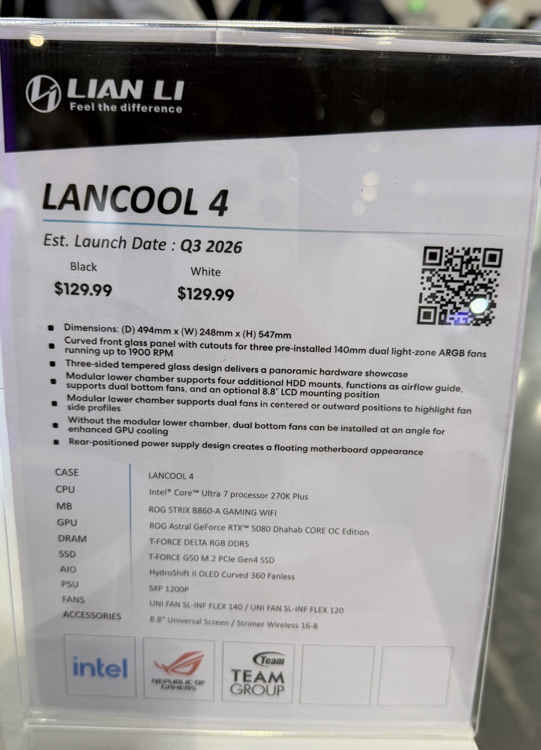 Panneau présentant le Lian Li Lancool 4 avec une date de sortie estimée au T3 2026 et un prix de 129,99 euros.