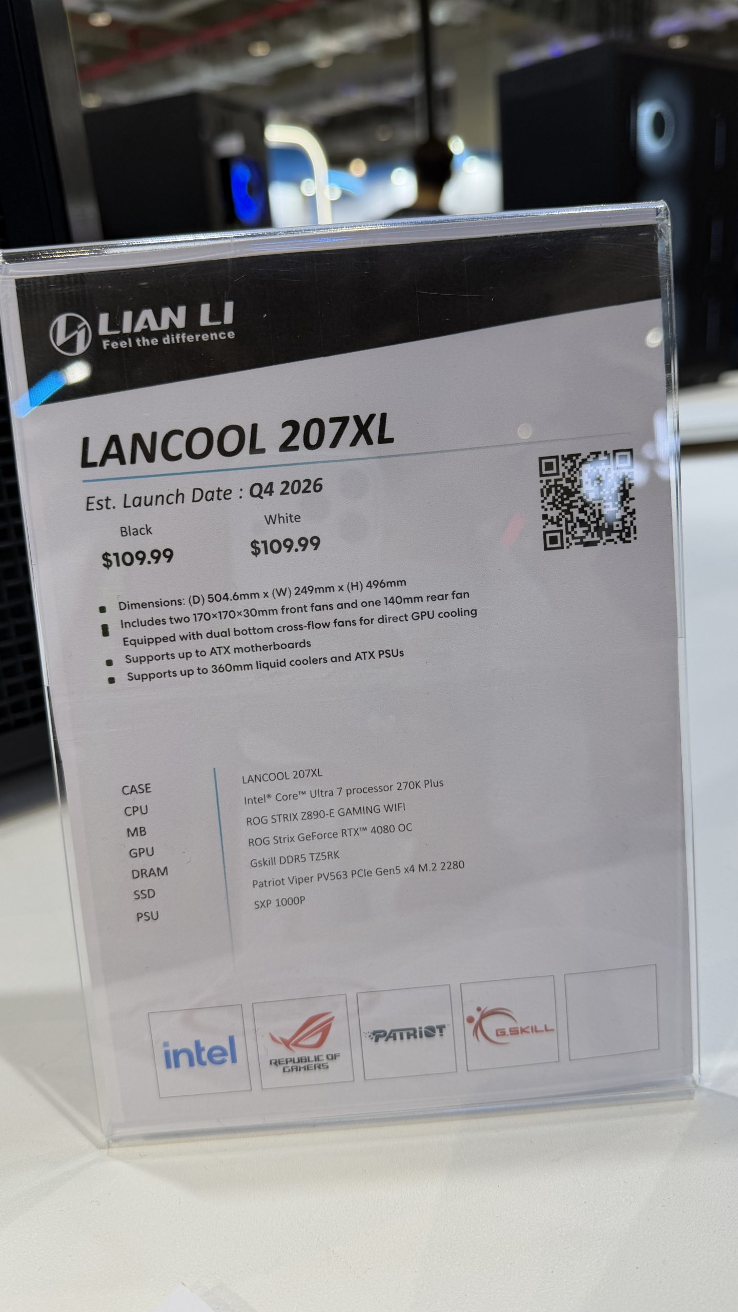 Fiche technique pour le boîtier Lian Li LANCOOL 207XL, avec une date de sortie estimée au T4 2026 et un prix de 109,99 euros.