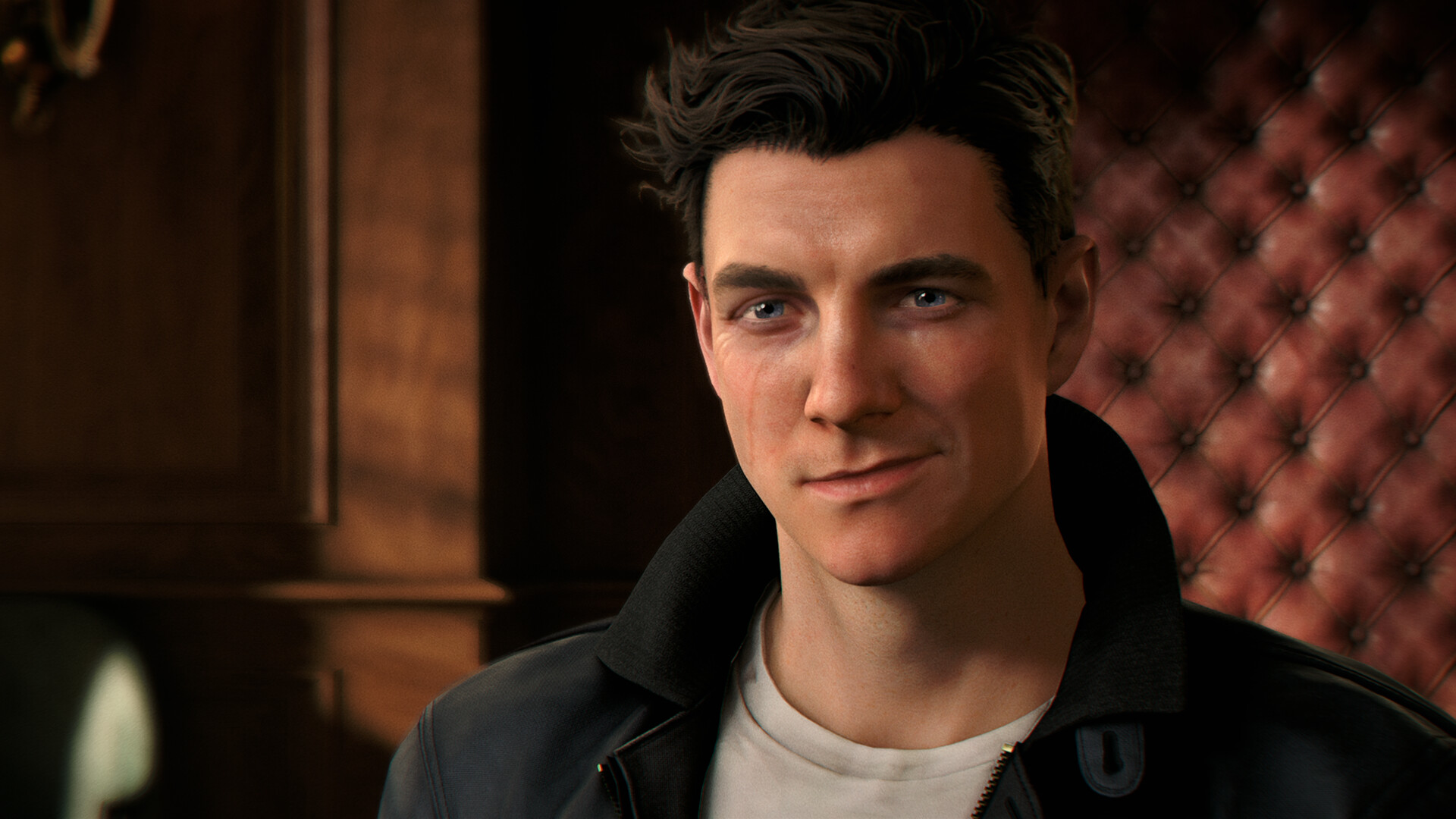 Gros plan sur un personnage masculin dans une veste en cuir.