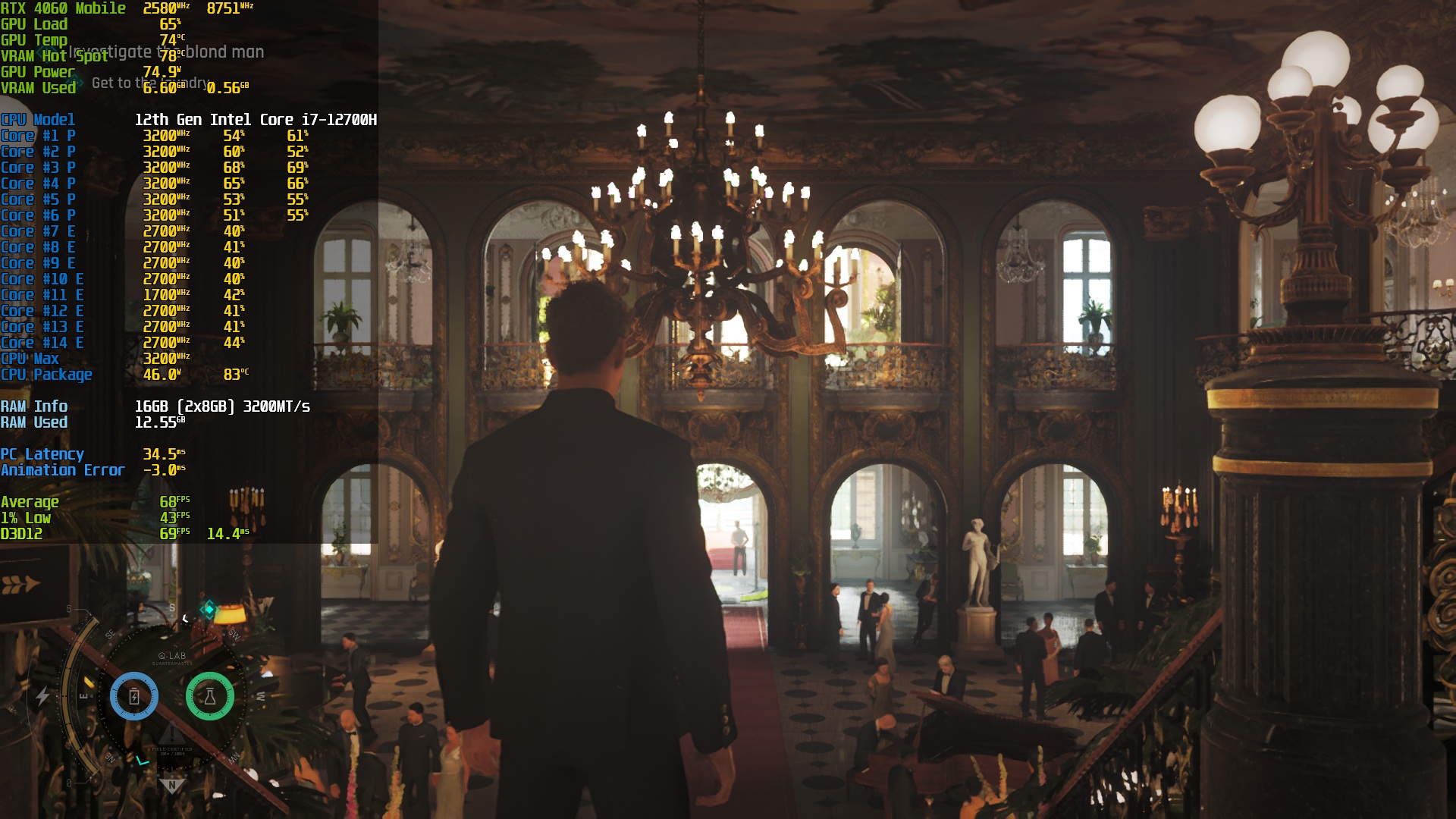 Scène de benchmark CPU dans un hall opulent.