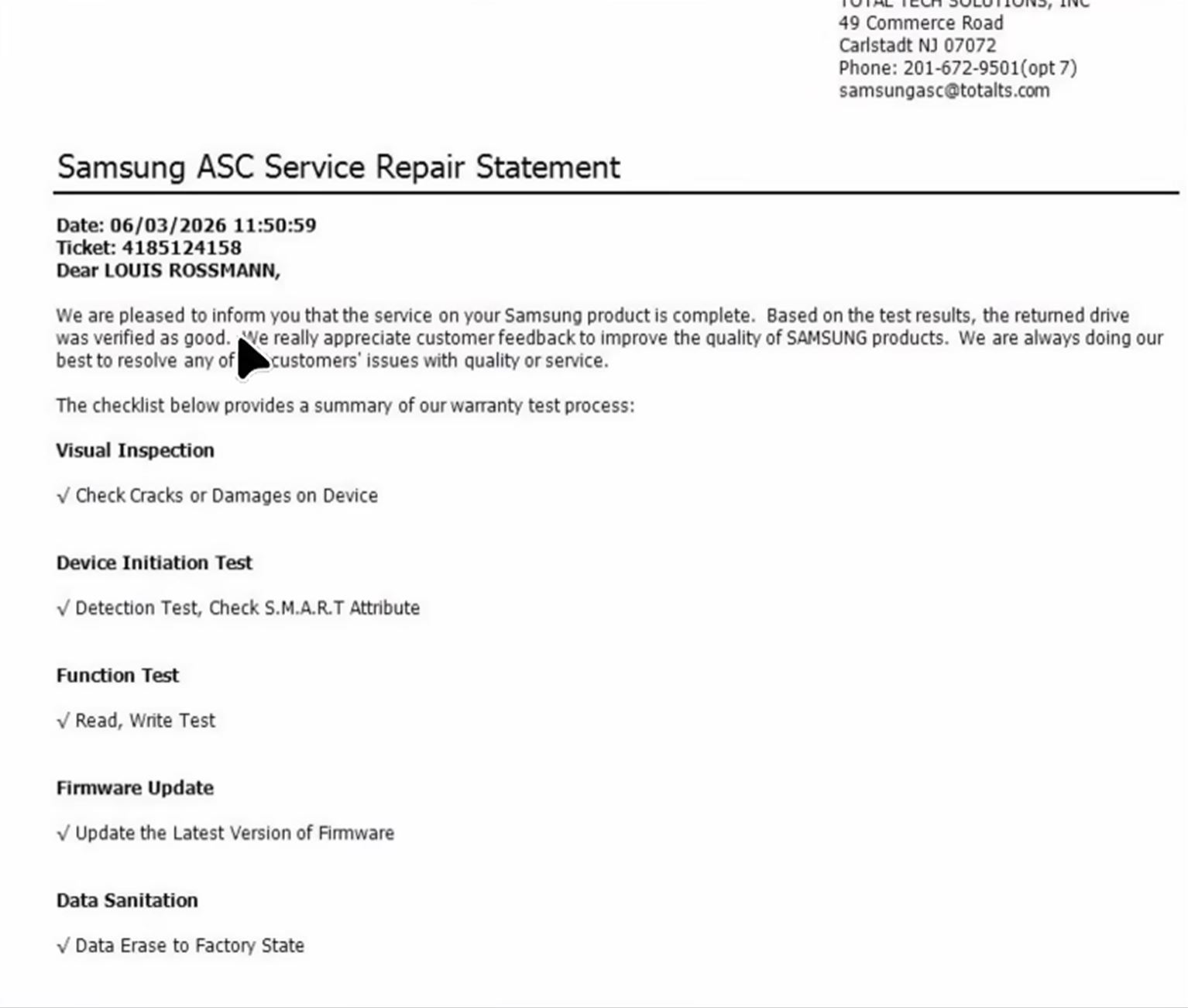 Un rapport de réparation Samsung ASC adressé à Louis Rossmann détaille un processus de test de garantie incluant inspection visuelle, test d'initiation, test de fonction, mise à jour du firmware et nettoyage des données.