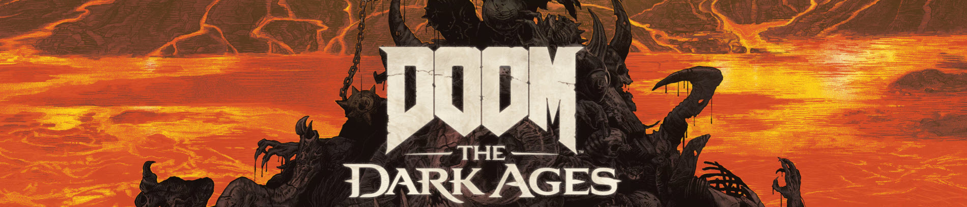 Paysage démoniaque avec le texte 'DOOM: The Dark Ages'.