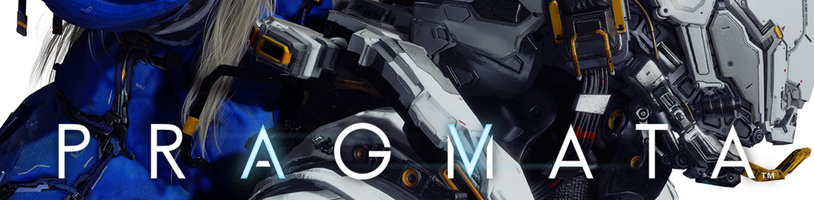 Personnage futuriste en armure bleue avec le texte 'PRAGMATA'.