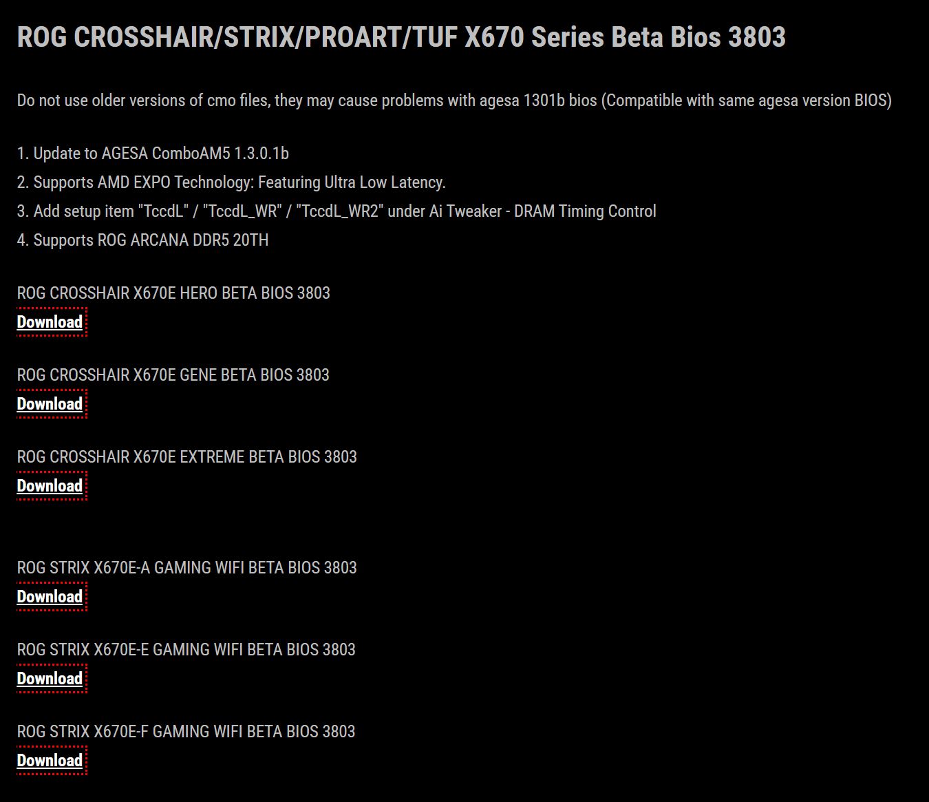 Liste des mises à jour 'ROG CROSSHAIR/STRIX/PROART/TUF X670 Series Beta Bios 3803' pour différentes références de cartes mères ASUS, avec un bouton de téléchargement pour chaque modèle.