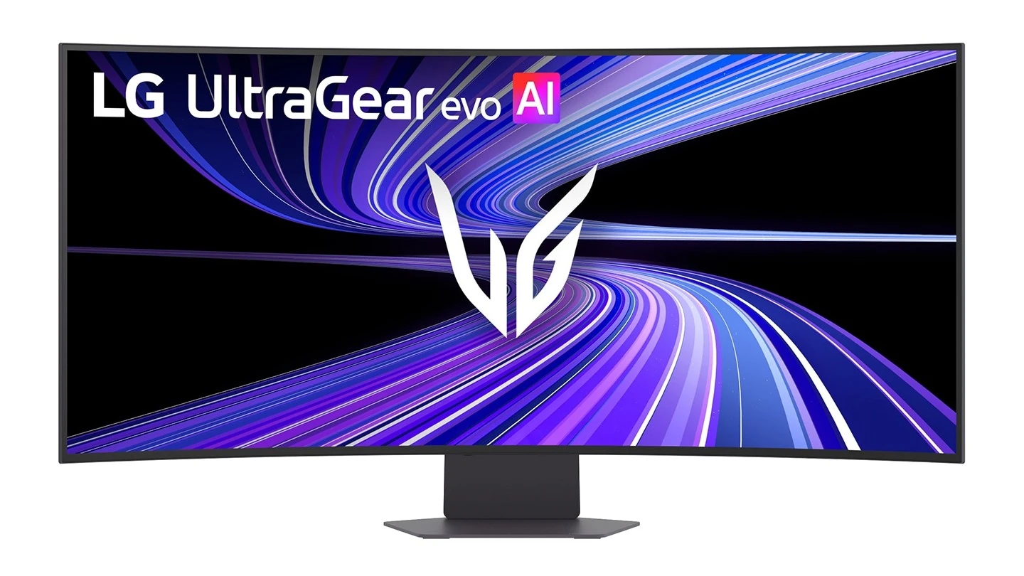 Un moniteur LG UltraGear evo incurvé affichant des lignes vibrantes violettes et bleues avec le texte 'AI' dans le coin supérieur.