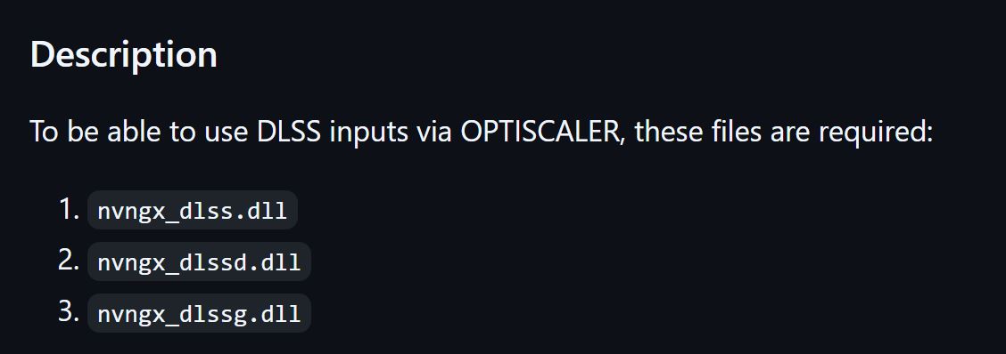Liste des fichiers nécessaires pour les entrées DLSS via OPTISCALER.