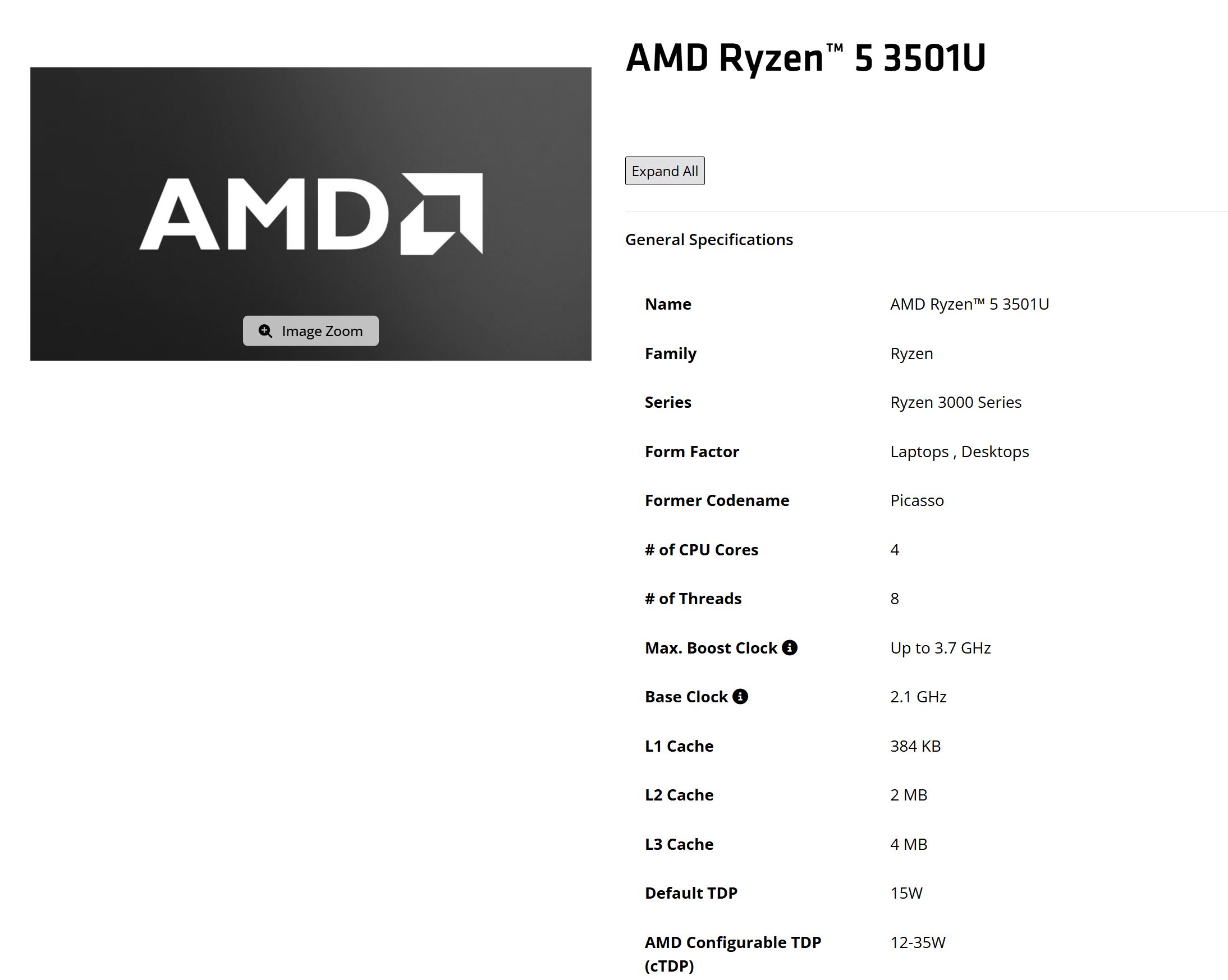 Logo AMD et spécifications du Ryzen 5 3501U : 4 cœurs, 8 threads, fréquence max à 3,7 GHz.