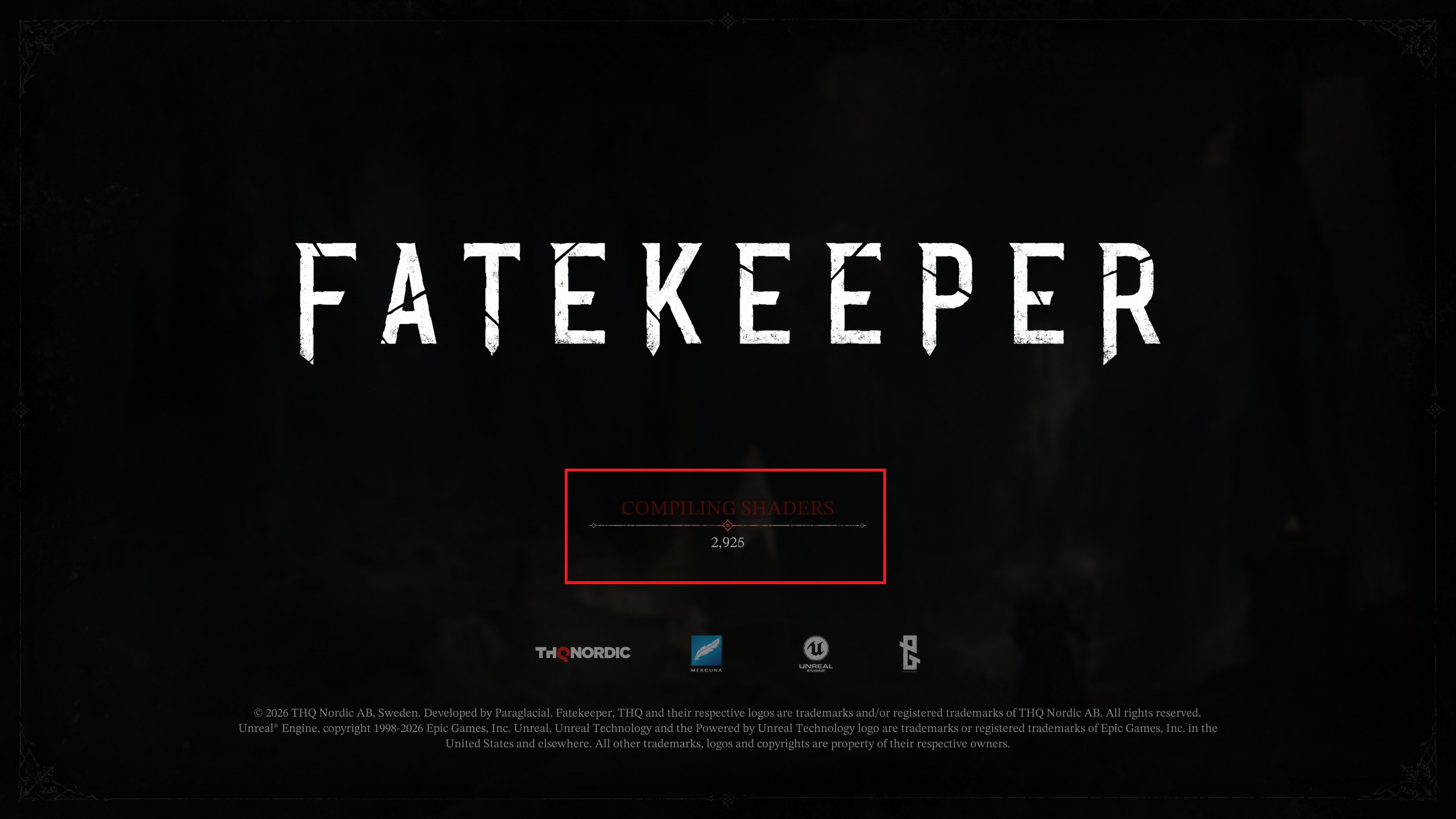 L'écran affiche le titre Fatekeeper avec le texte 'COMPILING SHADERS' et un compteur '2,925' en cours en dessous.