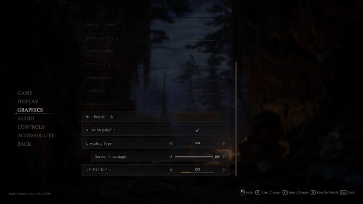 Le menu des paramètres graphiques d'un jeu est affiché, montrant les options pour 'Qualité des réflexions', 'Type de suréchantillonnage' réglé sur 'TSR', et 'Pourcentage d'écran' à '100'.