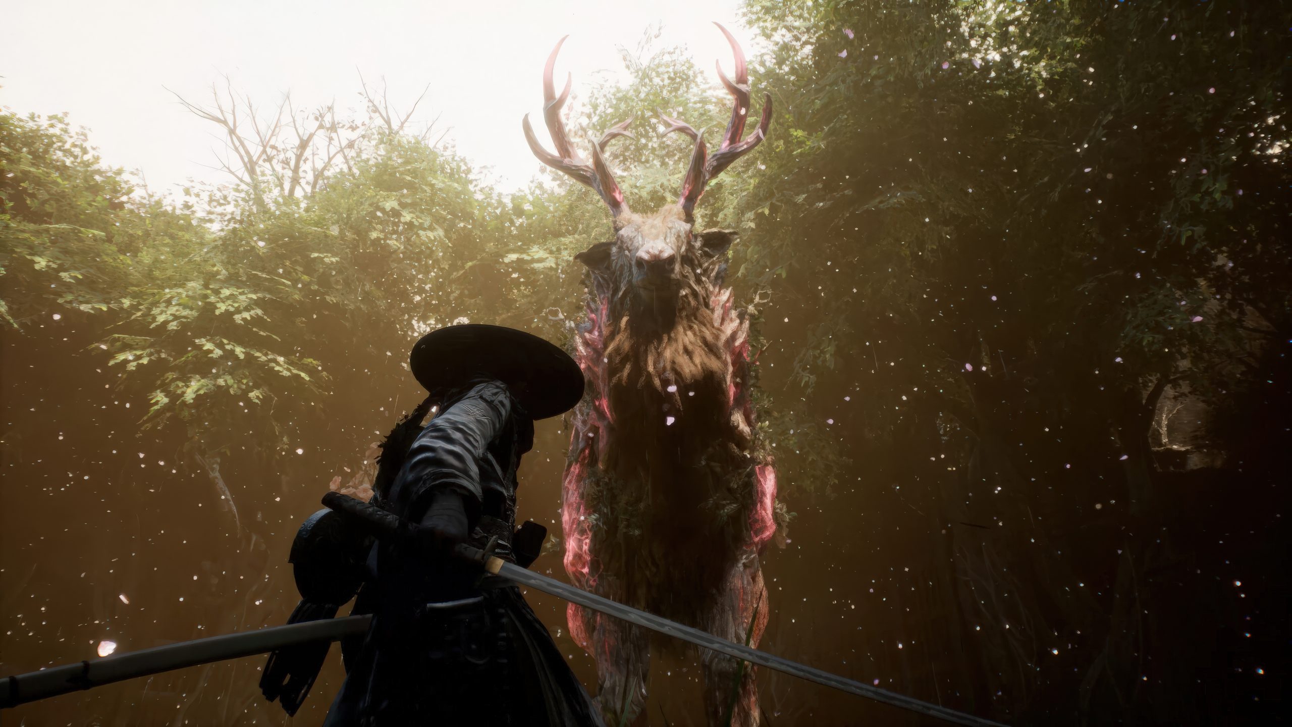A character in a game confronts a large, mystical stag-like creature in a forested setting.