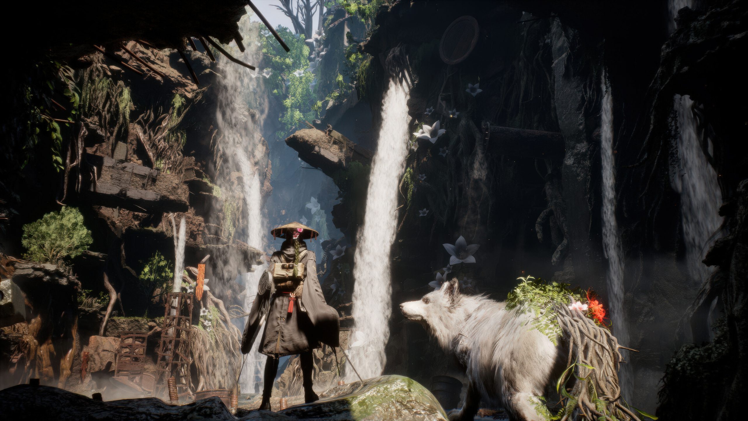 A character in the game Phantom Blade Zero stands on a rocky terrain with a white wolf amidst waterfalls and lush greenery.