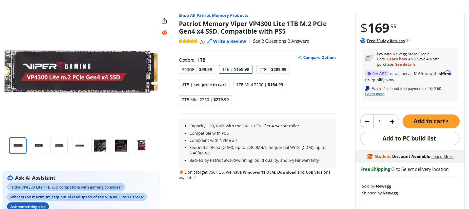 Un SSD Patriot Viper VP4300 Lite 1TB PCIe Gen4 est listé à 169,99 $, compatible PS5 avec des vitesses atteignant 7400 Mo/s en lecture.