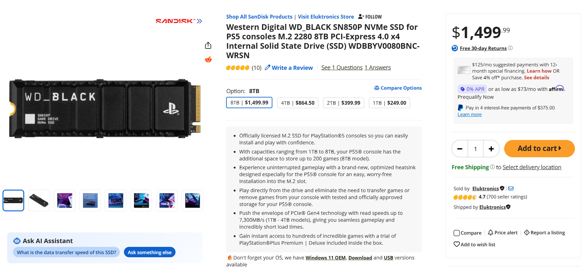 Un SSD WD_BLACK SN850P 8TB pour PS5 est affiché au prix de 1499,99 $, avec des vitesses de lecture de 7300 Mo/s.