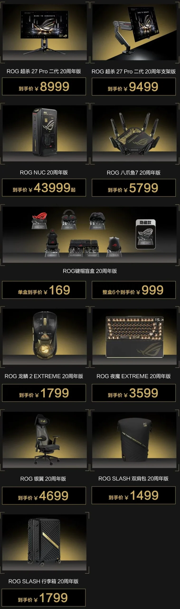 Collection de produits de l'édition anniversaire Asus ROG, incluant le moniteur 'ROG 超杀 27 Pro 二代 20周年版' à 8999¥, la souris 'ROG 龙鳞 2 EXTREME 20周年版' à 1799¥ et la valise 'ROG SLASH 行李箱 20周年版' à 1799¥.