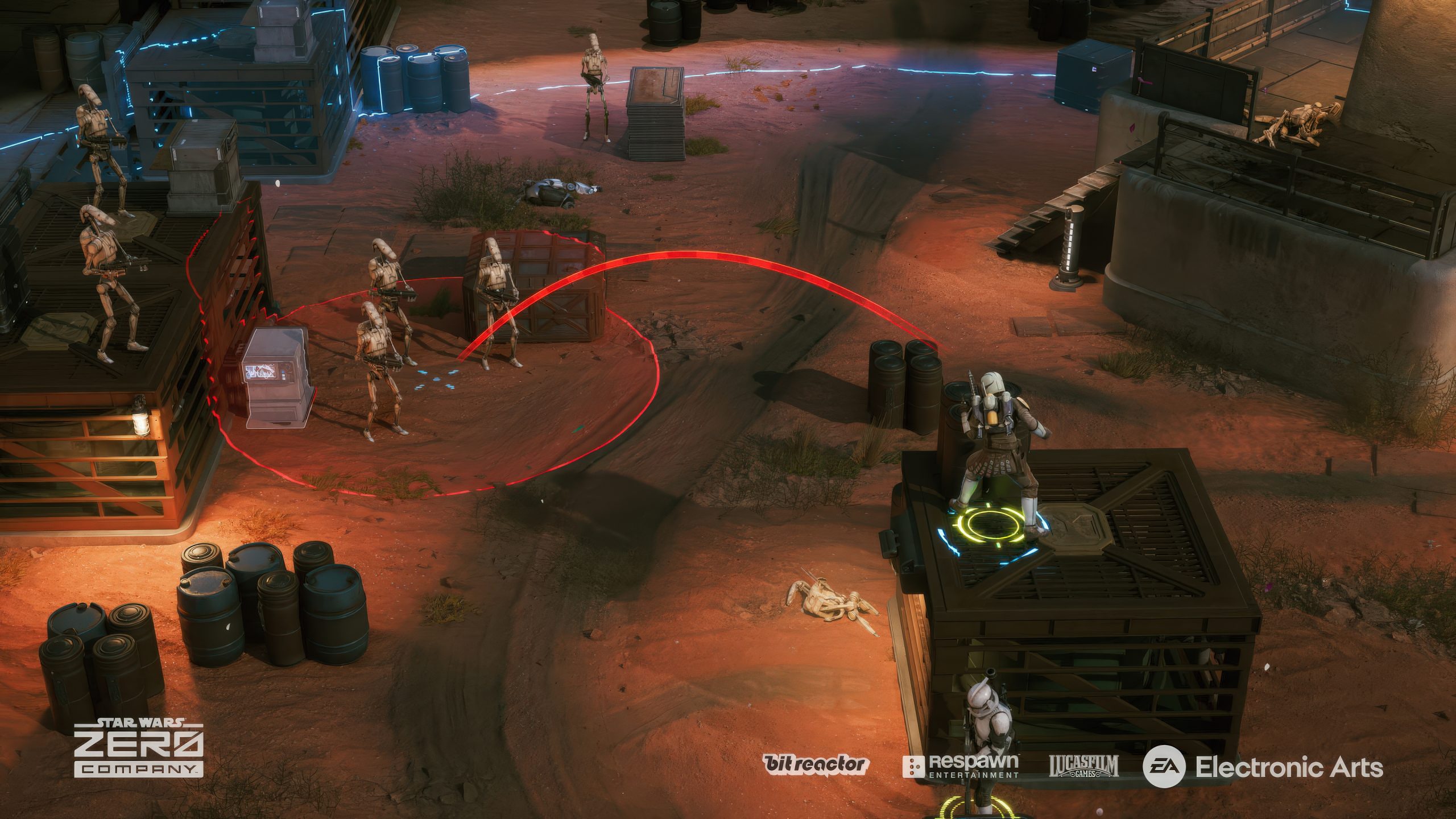 Scène de jeu de Star Wars: Zero Company montrant une bataille tactique entre soldats et droïdes sur un terrain sablonneux.