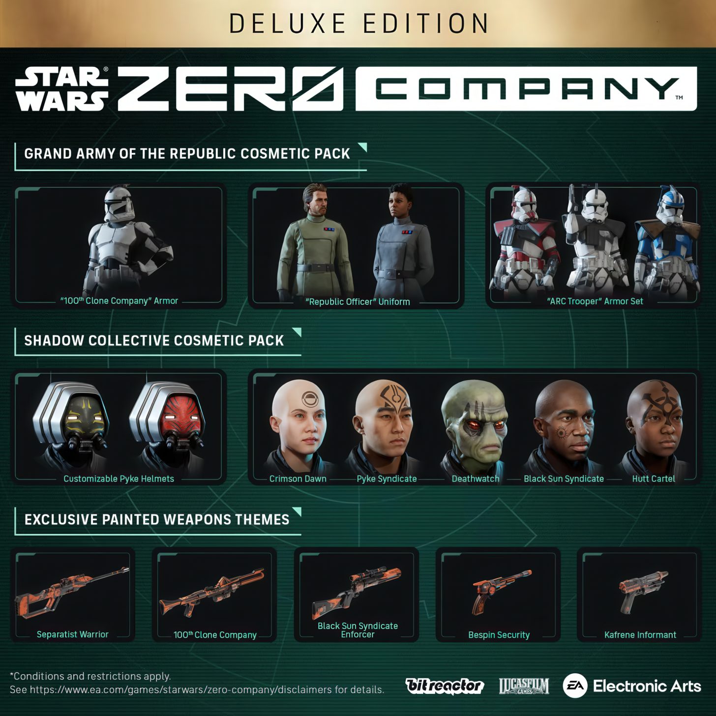 Image de l'Édition Deluxe de Star Wars: Zero Company, présentant les packs cosmétiques de la Grande Armée de la République et de l'Alliance des Ombres, ainsi que les thèmes d'armes peintes exclusifs.