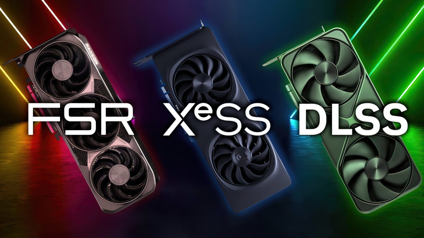 Trois cartes graphiques avec des arrière-plans lumineux étiquetées 'FSR', 'XeSS' et 'DLSS'.