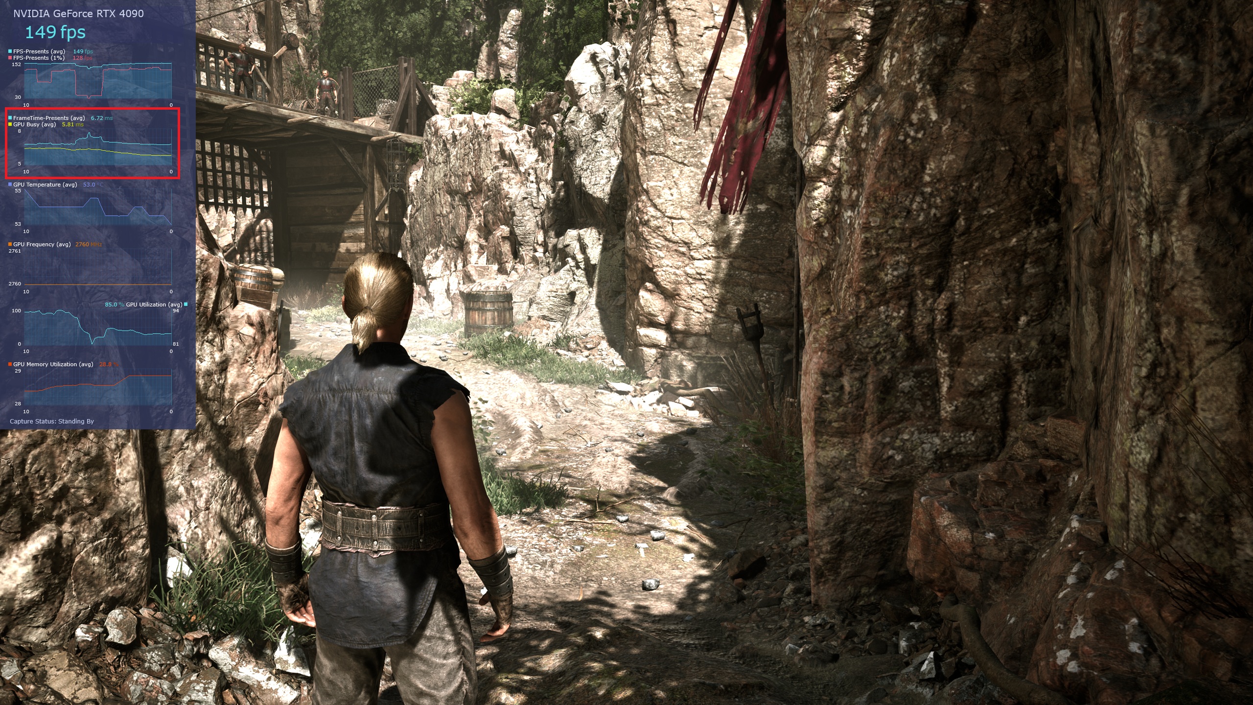 Un personnage dans un environnement rocheux montre des métriques de performance avec 'NVIDIA GeForce RTX 4090' et '149 fps'.
