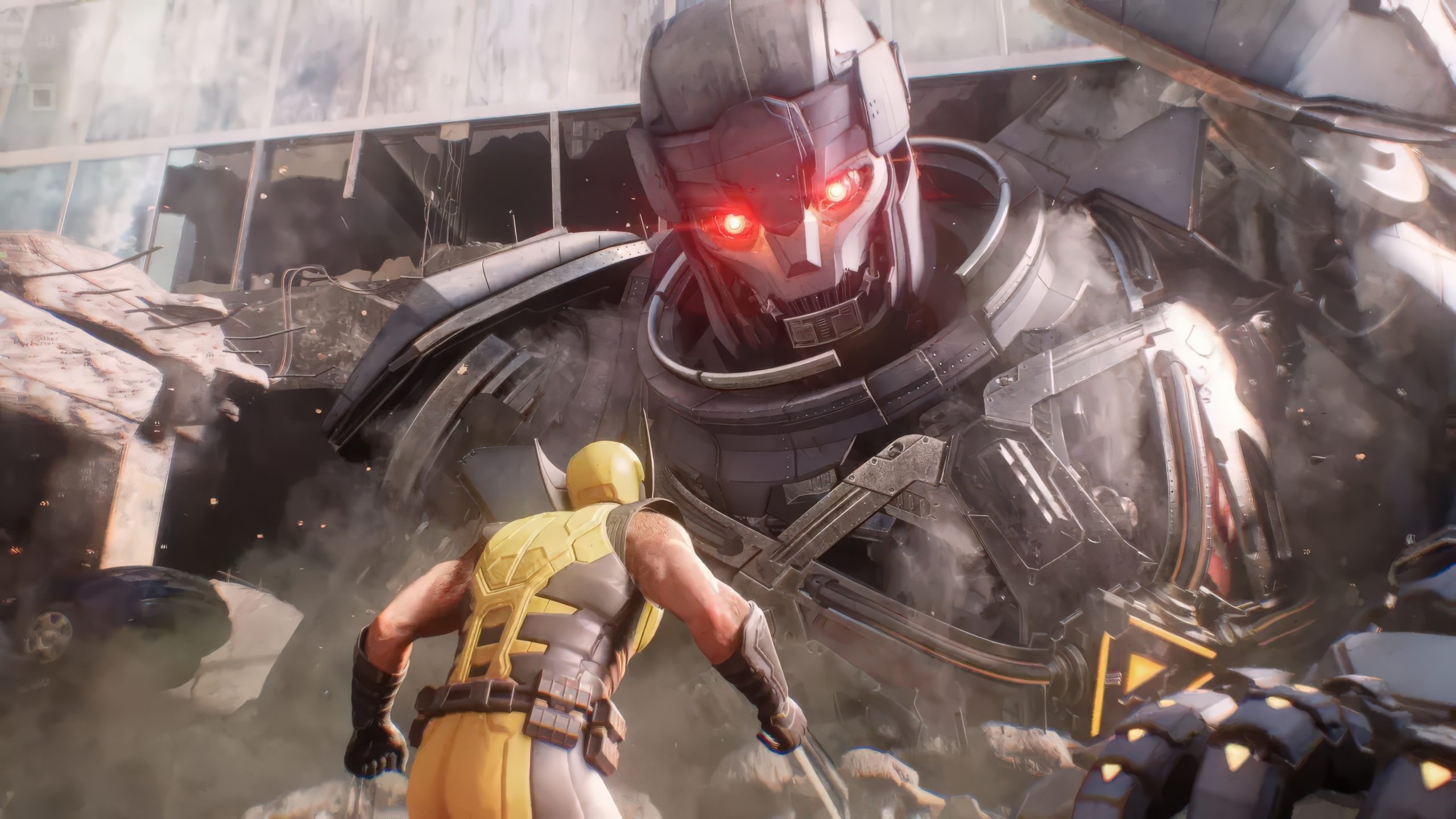 Wolverine en costume jaune affrontant un immense Sentinelle robotique aux yeux rouges dans une ville en ruines.