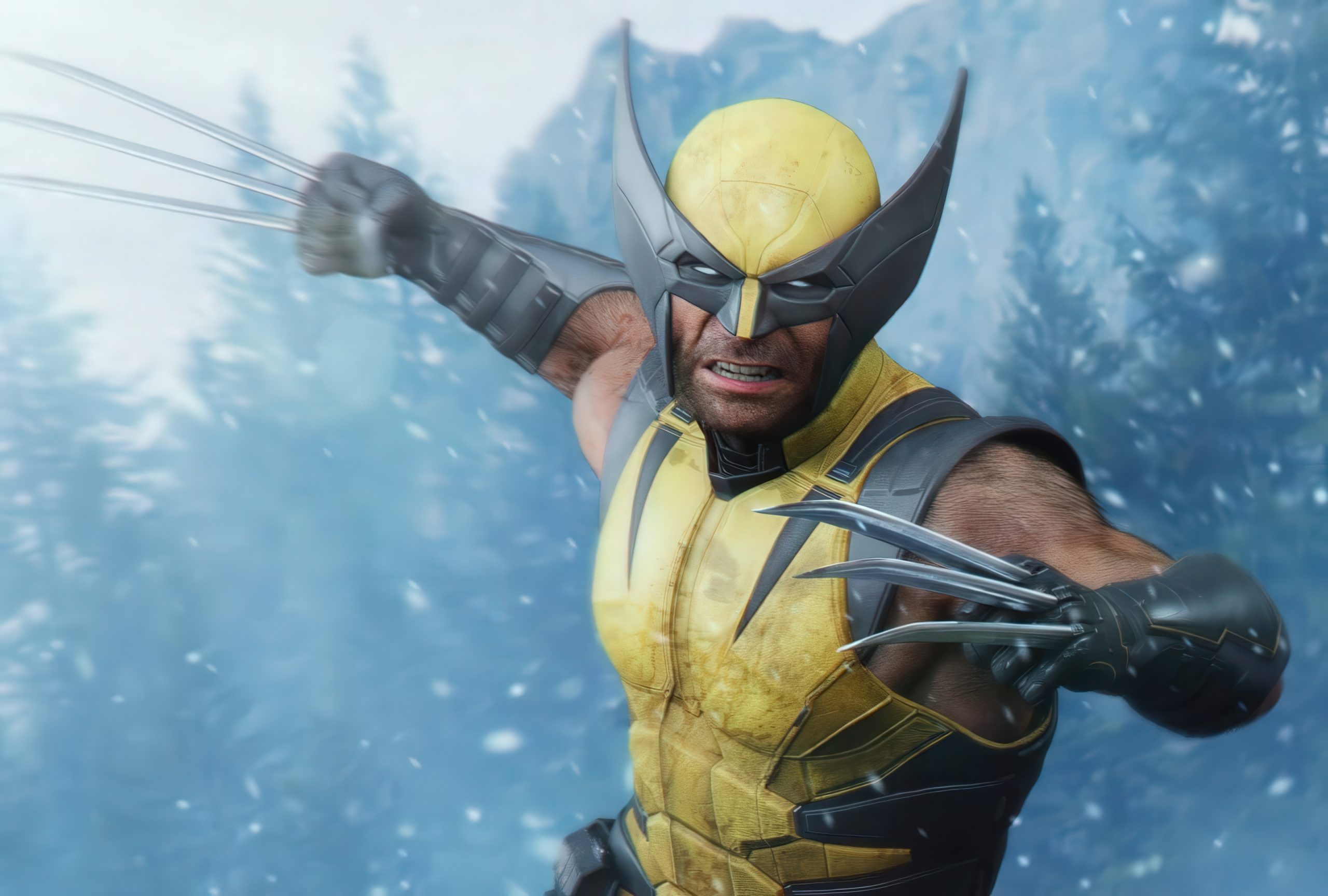 Wolverine portant un costume jaune et bleu, griffes métalliques dégainées, dans une forêt enneigée.