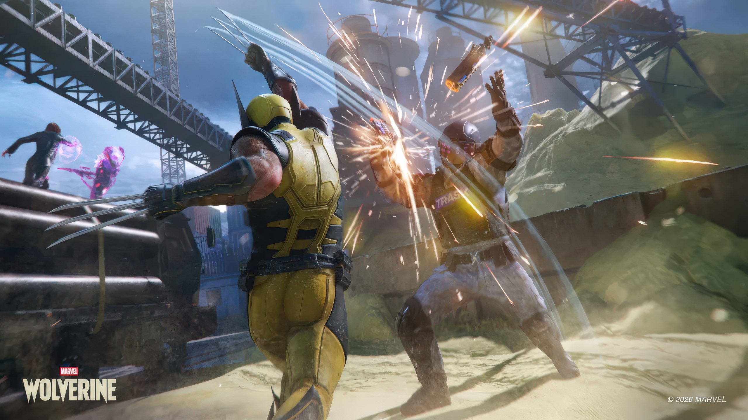 Wolverine affronte un adversaire blindé sur un chantier de construction.