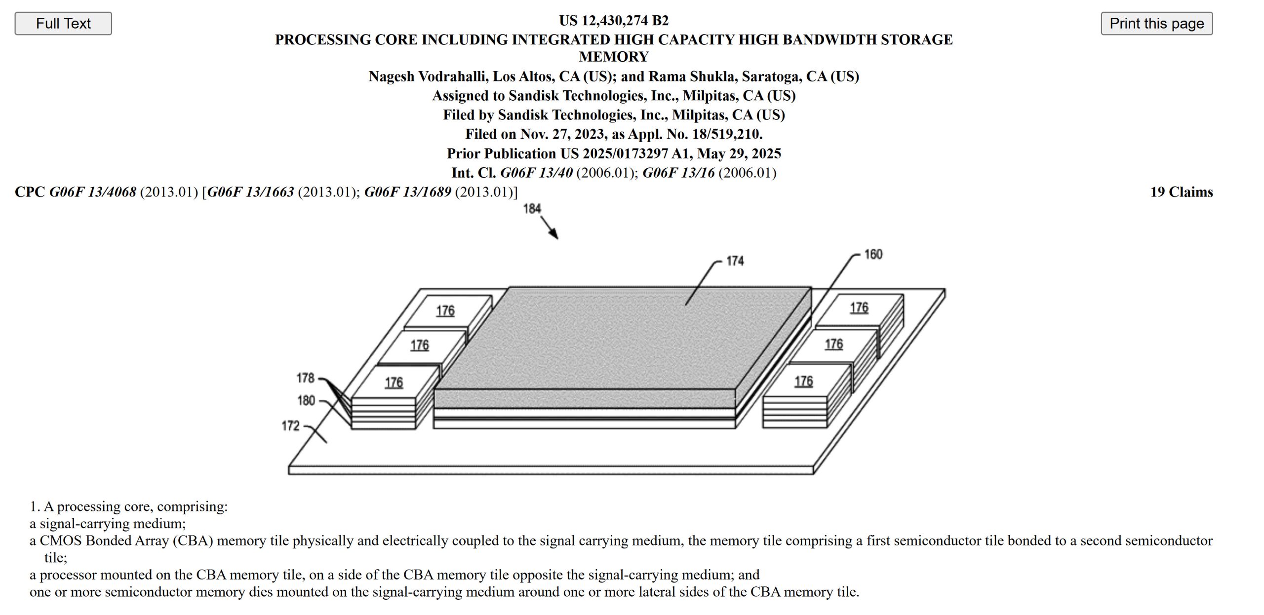 Un schéma de brevet illustrant un coeur de traitement avec une mémoire de stockage haute capacité intégrée, attribué à Sandisk Technologies, Inc.