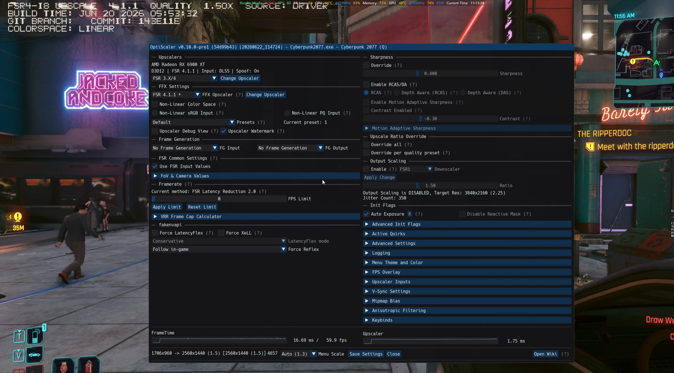 Interface de jeu de Cyberpunk 2077 montrant les paramètres de l'AMD Radeon RX 6900 XT et le menu de l'upscaleur 'FSR 4.1.1'.