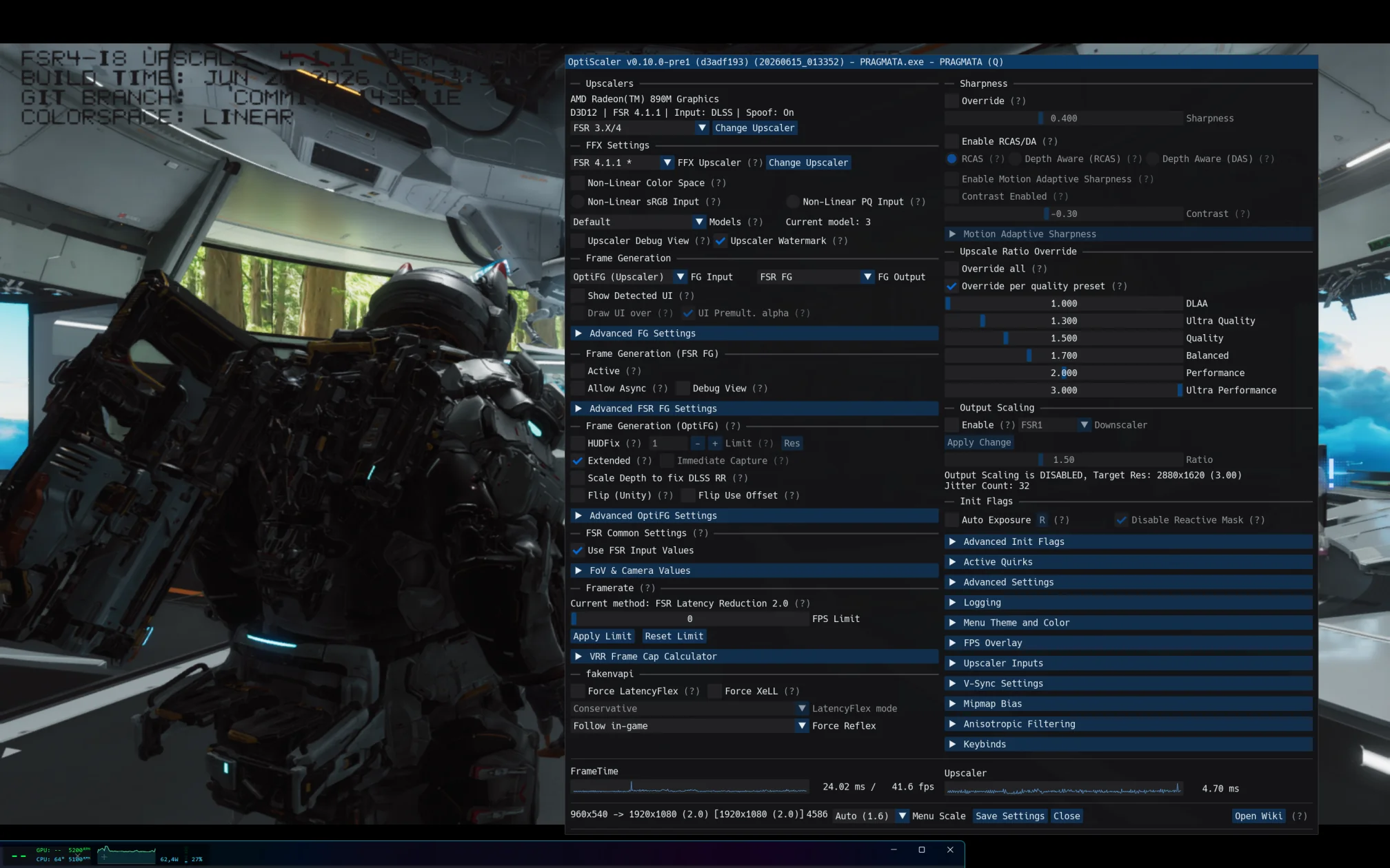 Personnage du jeu 'Pragmata' avec les paramètres techniques d'OptiScaler affichant une AMD Radeon 890M et les options d'upscaling FSR 4.1.1.
