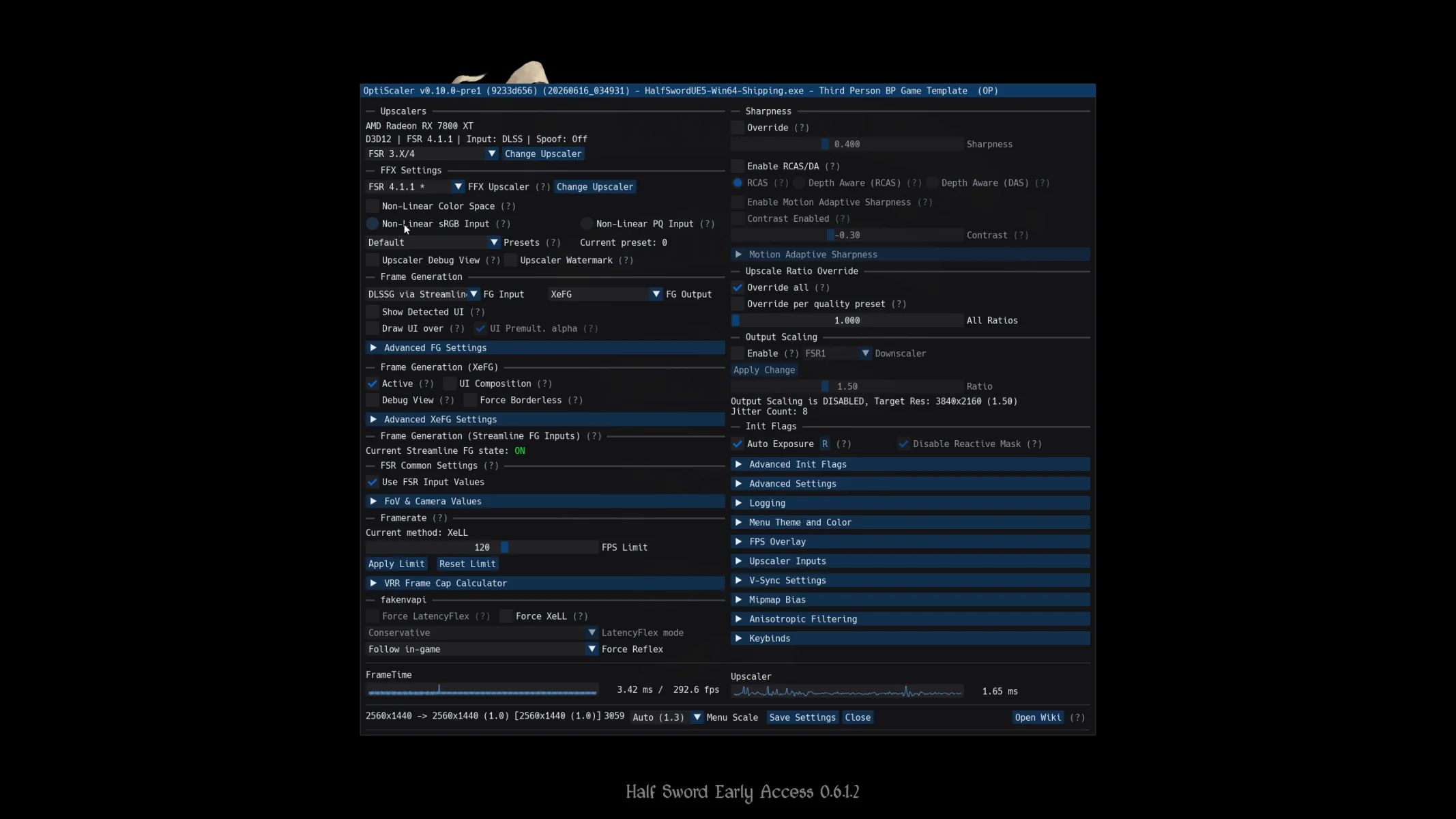 Écran des paramètres graphiques de 'Half Sword Early Access' montrant une AMD Radeon RX 7800 XT avec FSR 4.1.1 activé.