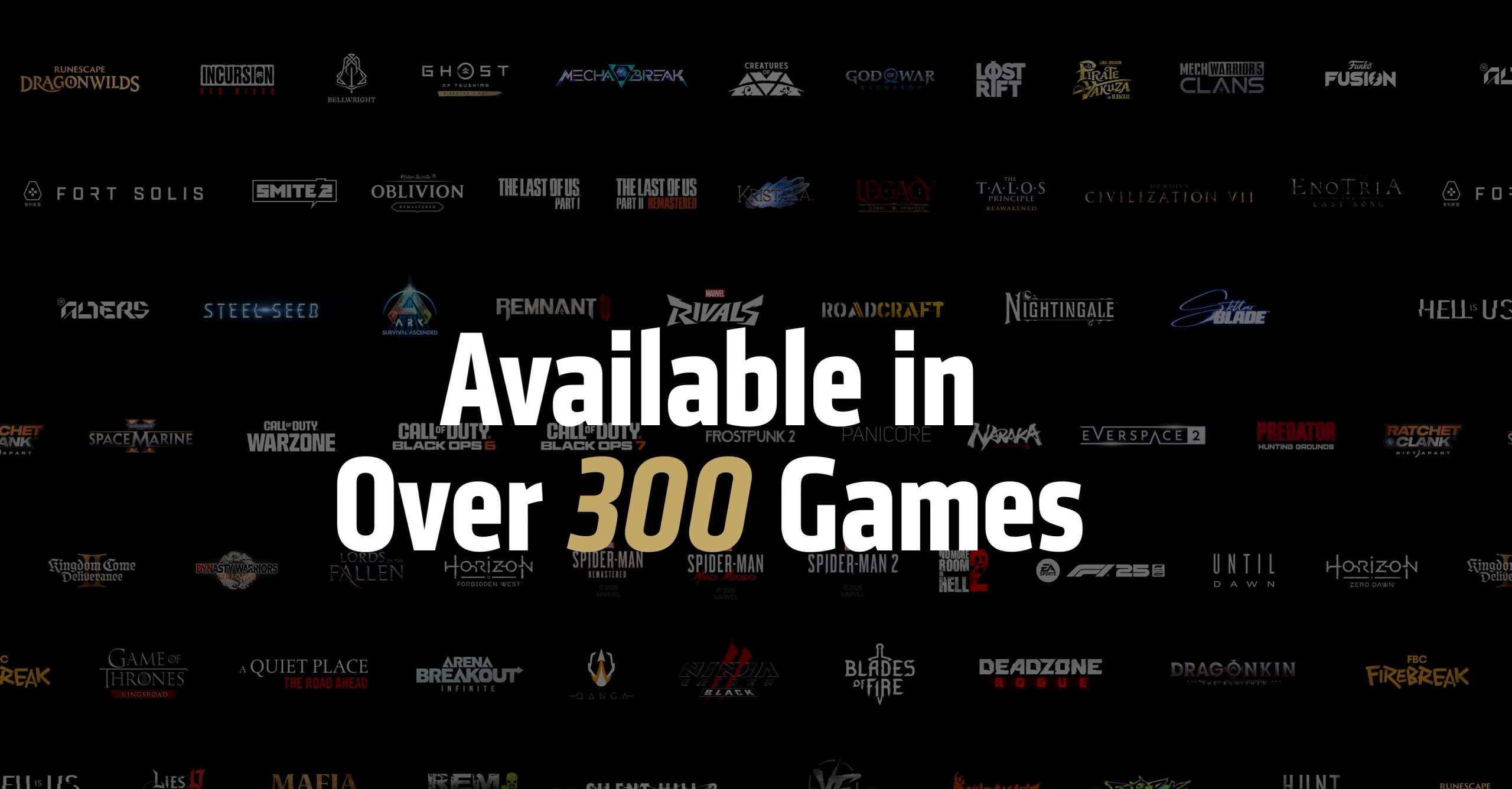 Des logos de jeux variés sont affichés avec le texte 'Disponible dans plus de 300 jeux' au centre.