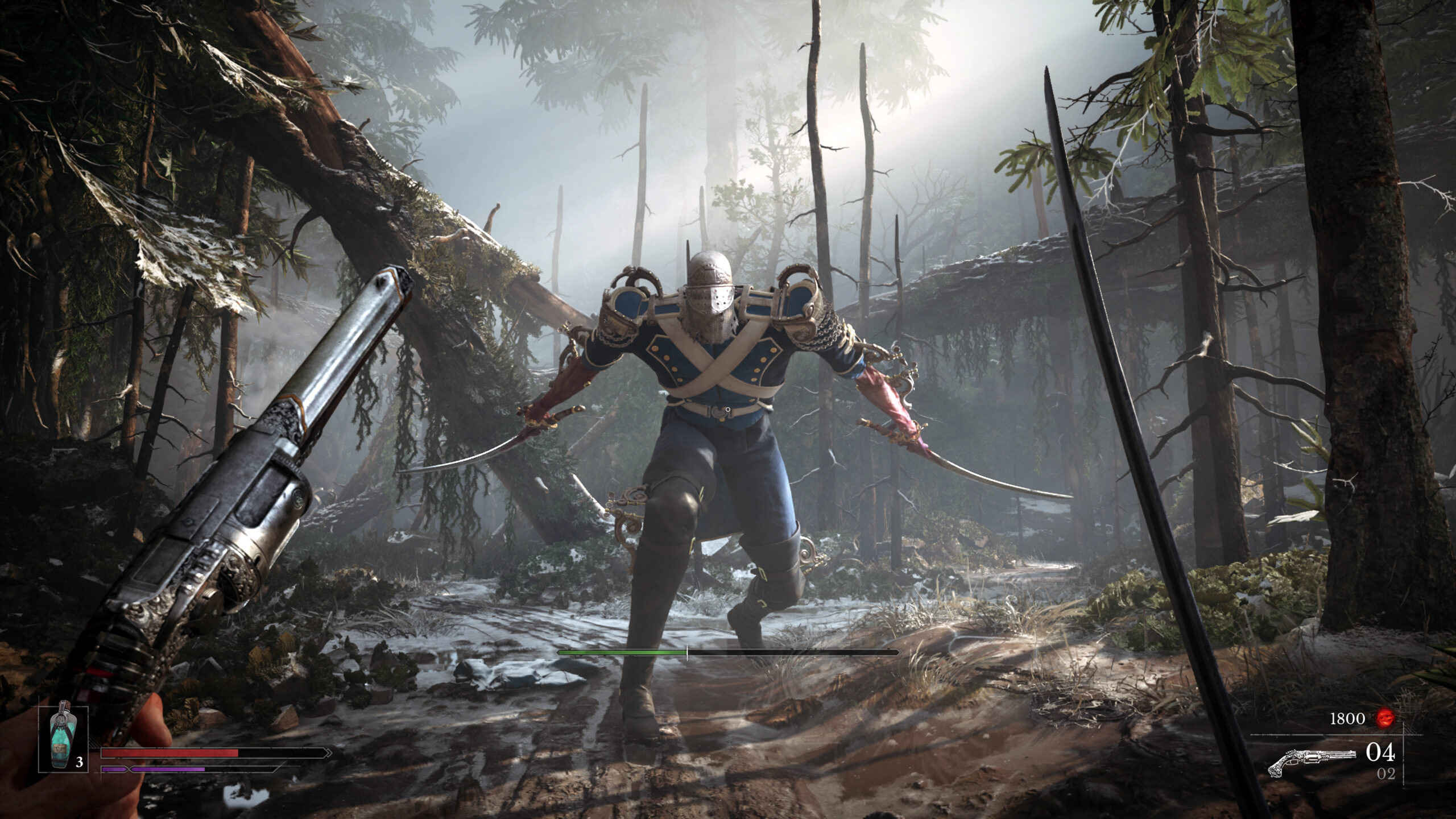 Une scène de jeu montrant un personnage aux doubles lames s'apprêtant à frapper, dans une forêt, face à un canon braqué.