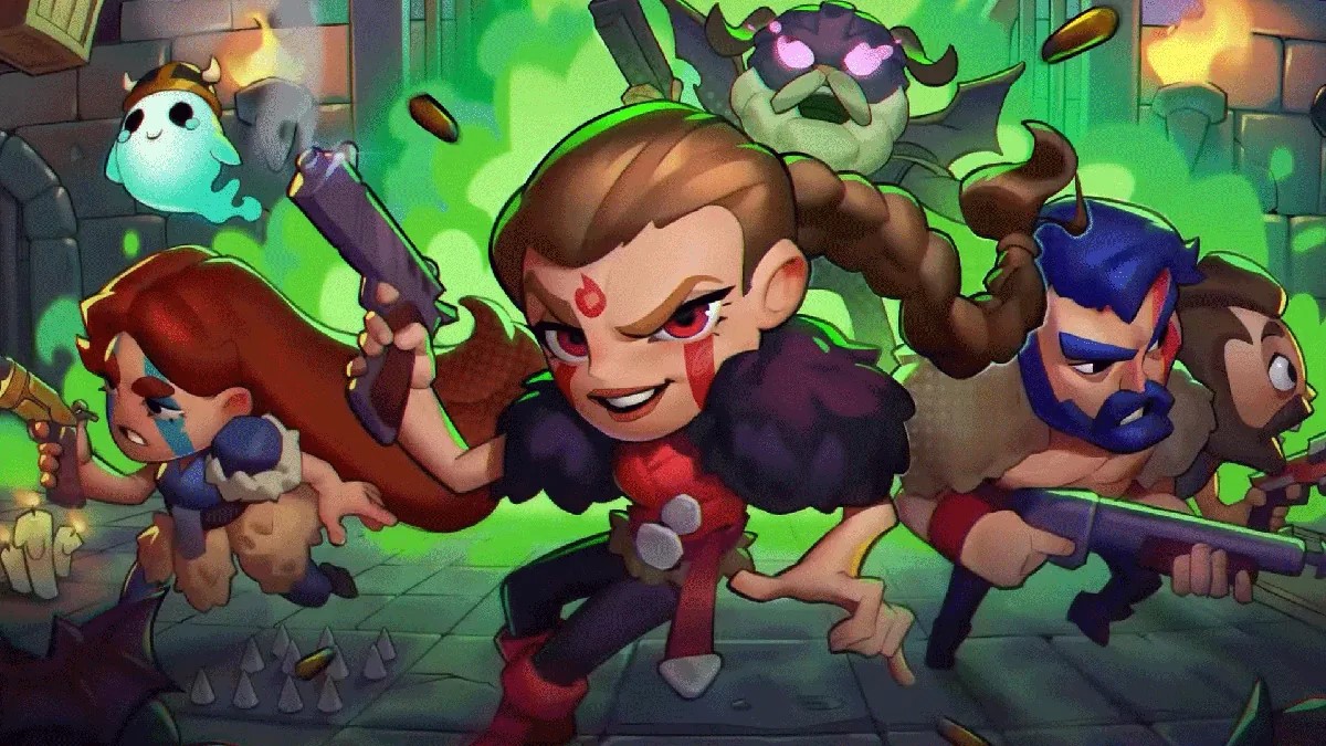 Des personnages dans un jeu au style cartoon coloré, armés de fusils et entourés d'énergie verte et de pièces flottantes.