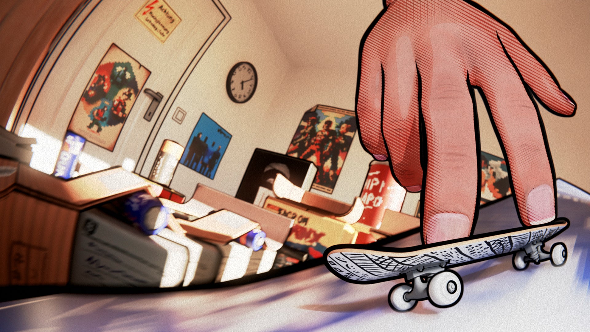 Une main stylisée manie un fingerboard sur un bureau encombré, dans une pièce décorée d'affiches.