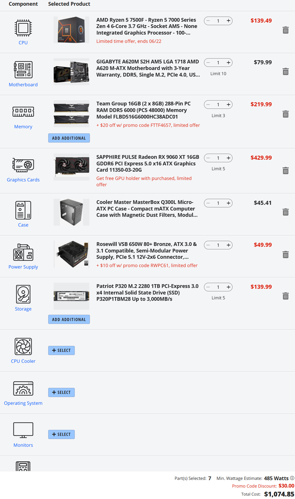 Liste de composants avec AMD Ryzen 5 7500F, Radeon RX 9600 XT, 16 Go de DDR5 et 1 To de SSD, pour un total de 1074,85 dollars.