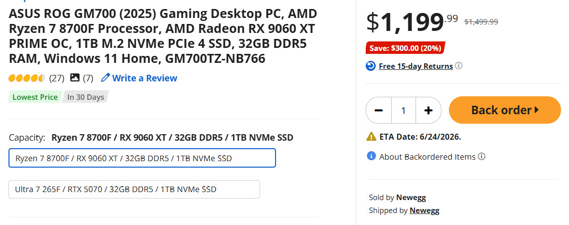 Un PC de bureau gaming ASUS ROG GM700 (2025) avec AMD Ryzen 7 8700F, AMD Radeon RX 9060 XT PRIME OC, 32 Go de DDR5 et 1 To de SSD M.2 NVMe affiché à 1199,99 dollars.