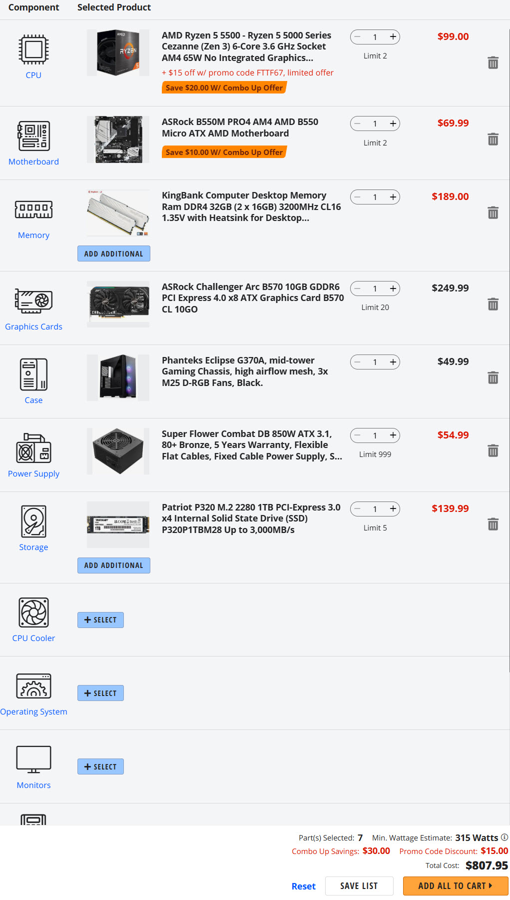 Liste de composants pour un PC personnalisé avec AMD Ryzen 5 5500, Intel Arc B570 10 Go, 32 Go de DDR4 et 1 To de SSD, pour un total de 807,95 dollars.