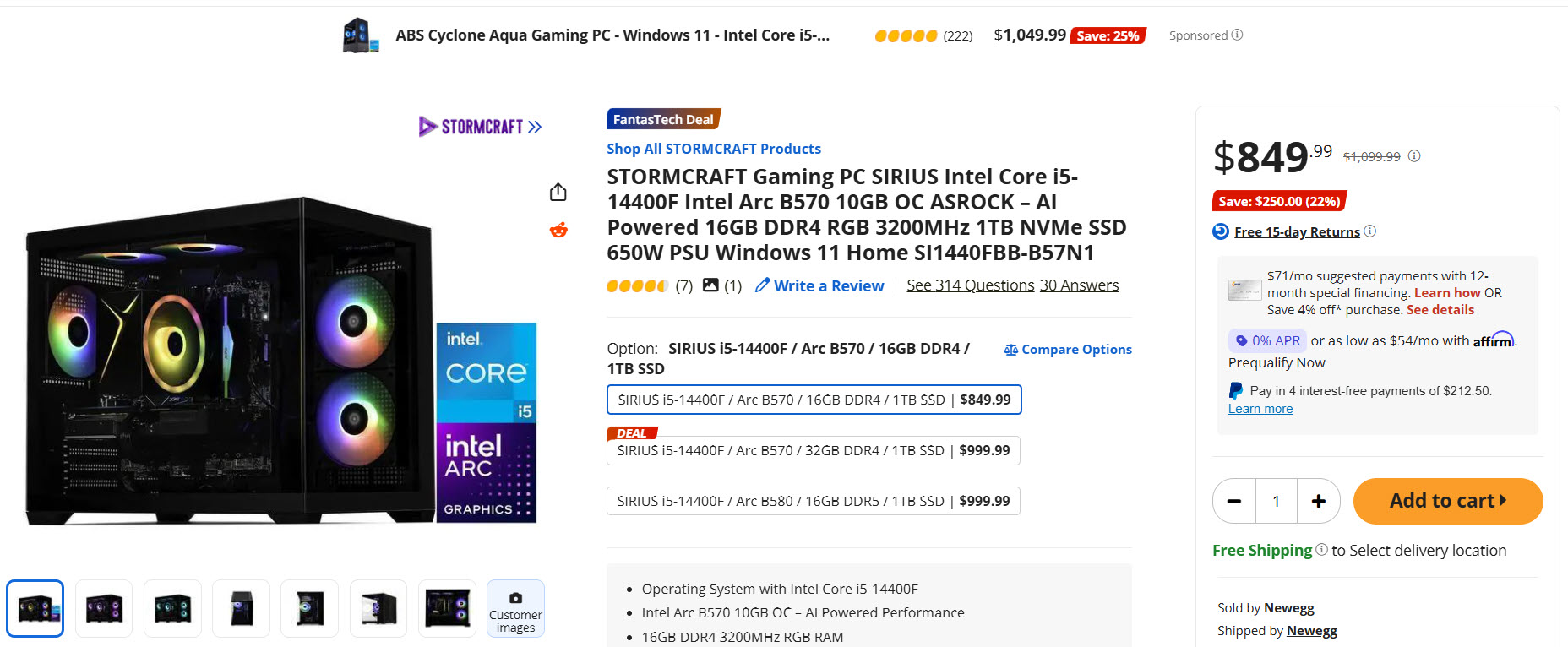 Un PC gaming STORMCRAFT avec Intel Core i5-14400F, Intel Arc B570 et 16 Go de RAM DDR4 RGB 3200 MHz affiché à 849,99 dollars sur Newegg.