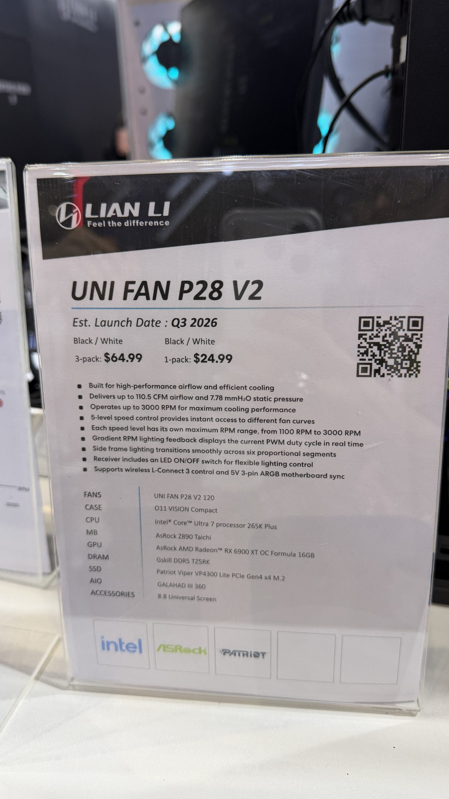 Présentation du Lian Li 'UNI FAN P28 V2' avec détails de lancement et spécifications, dont les prix pour un pack de trois (64,99€) et un seul (24,99€).