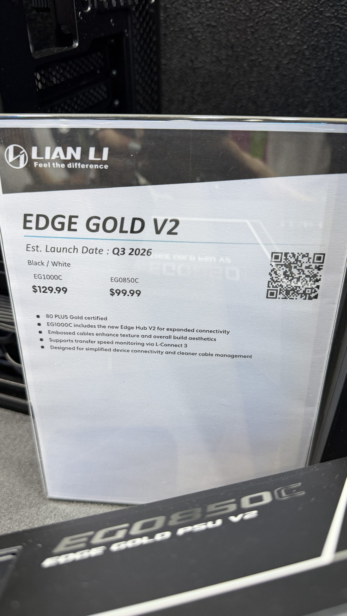Présentation des alimentations 'Edge Gold V2' avec modèles EG1000C à 129,99€ et EG0850C à 99,99€, sortie prévue au Q3 2026.