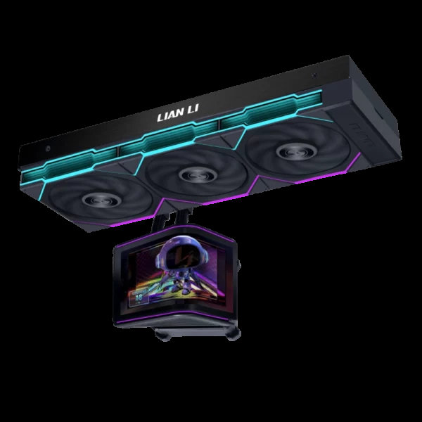 Un système de refroidissement Lian Li avec éclairage RGB et un panneau d'affichage numérique montrant un graphisme futuriste.