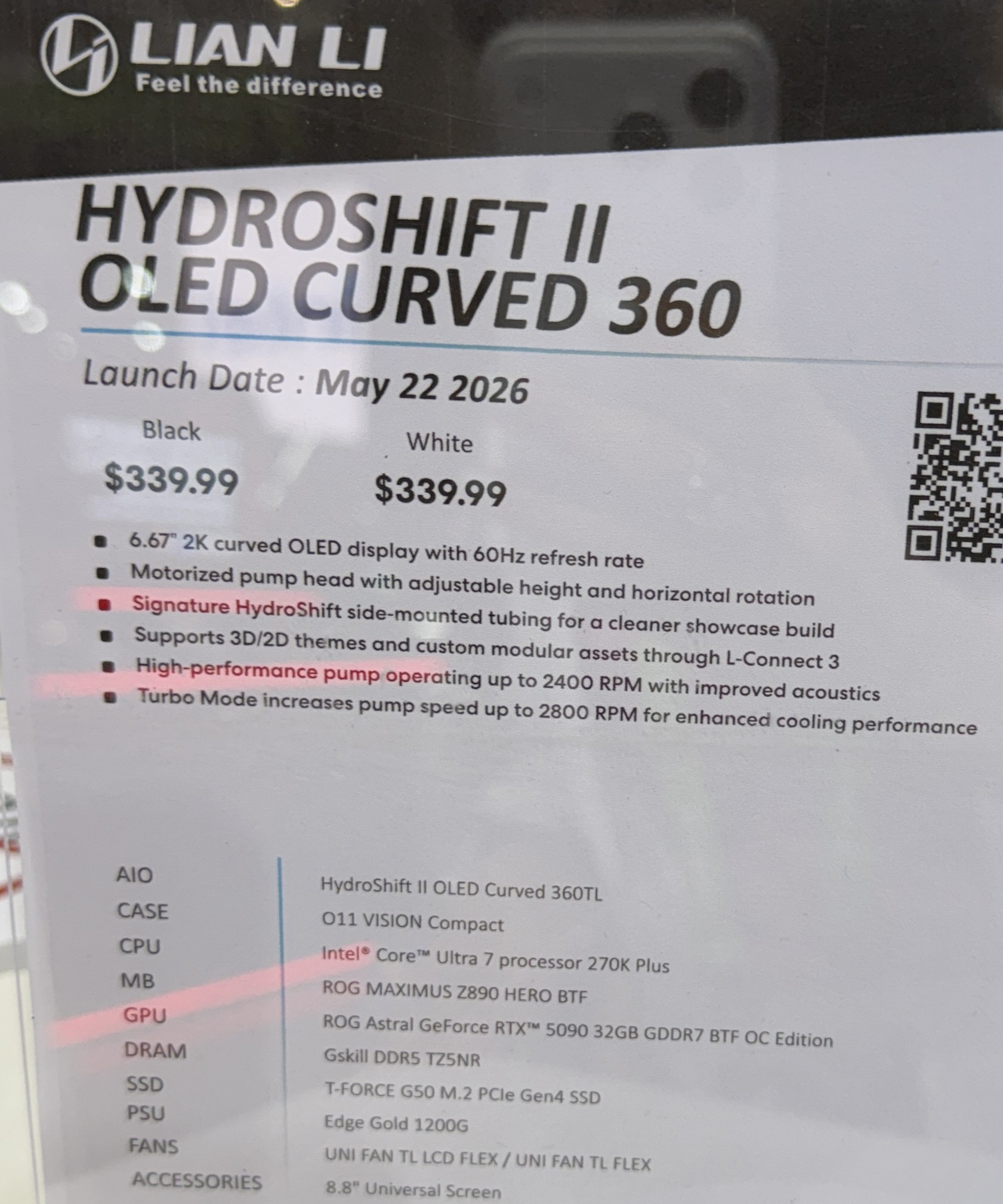 Détails du Lian Li HydroShift II OLED Curved 360 affichant un prix de 339,99 euros, un écran OLED courbe 6.67 2K, une pompe motorisée et un mode turbo.