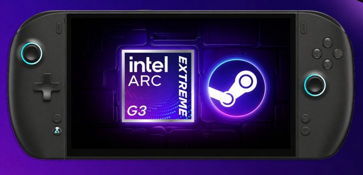 Un handheld de jeu affiche le logo 'Intel Arc Extreme G3' aux côtés du logo Steam sur son écran.