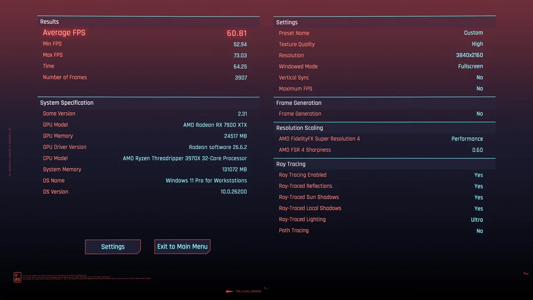 Un écran de benchmark montre une moyenne de 60.81 FPS pour le jeu version 2.31 sur une carte AMD Radeon RX 7900 XTX, couplée à un processeur AMD Ryzen Threadripper 3970X. Le Ray Tracing est activé en résolution 3840x2160.