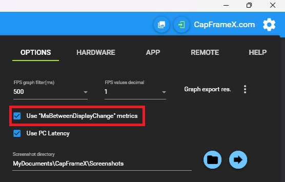 L'interface du logiciel CapFrameX montrant l'option pour activer 'Use MsBetweenDisplayChange metrics'.