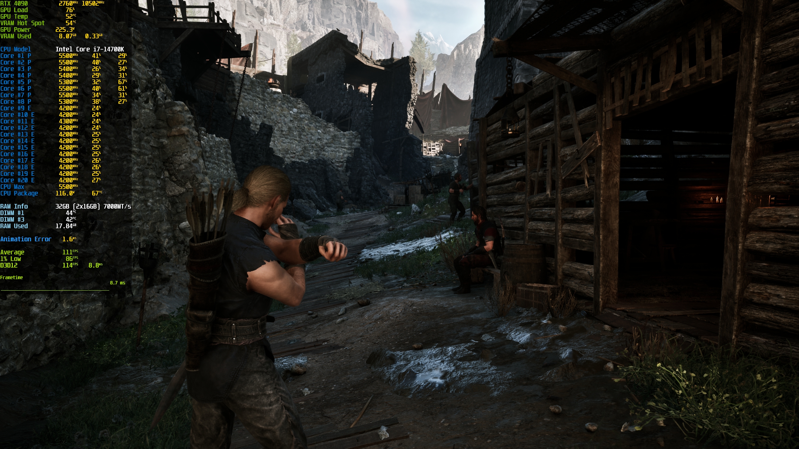 Capture d'écran du banc d'essai CPU dans le Vieux Camp de Gothic 1 Remake, avec les informations système affichées.