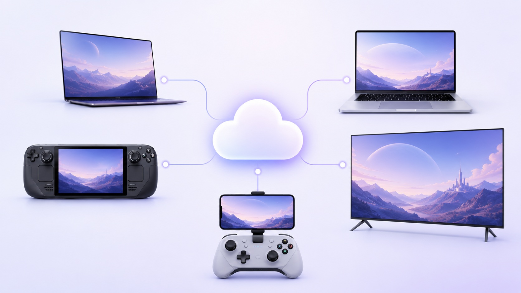 Un nuage relié à un PC portable, une console portable, un smartphone et une télé, tous affichant le même paysage fantastique.