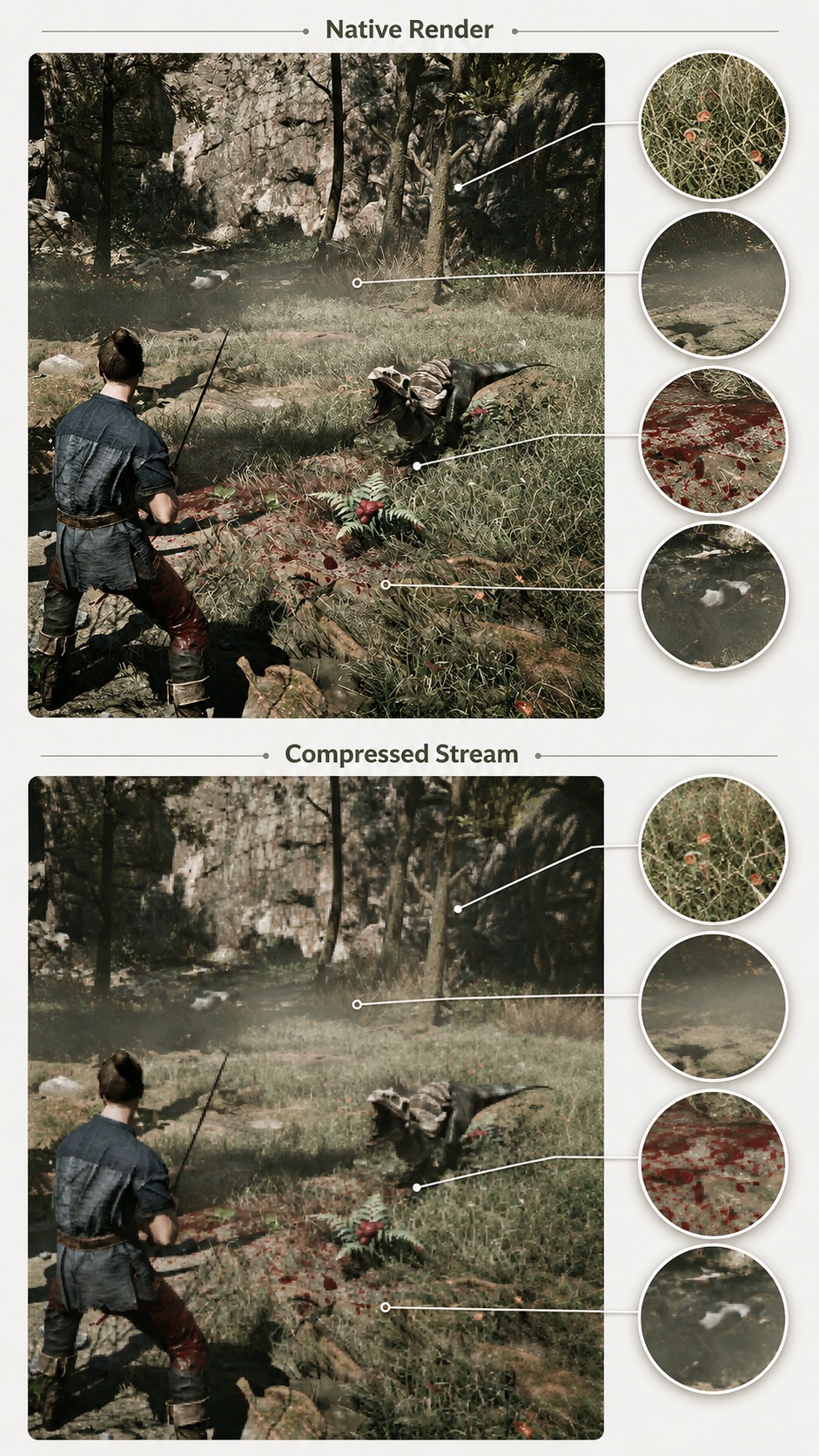 Une comparaison visuelle entre le rendu natif et un flux compressé dans un jeu, montrant des différences dans les détails comme la texture de l'herbe.