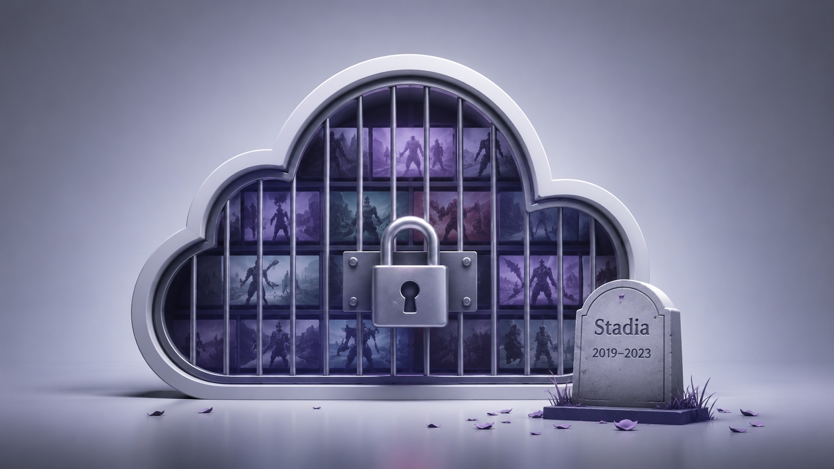 Une illustration représentant un nuage en forme de cadenas avec des images de jeux, et une pierre tombale indiquant Stadia 2019-2023.